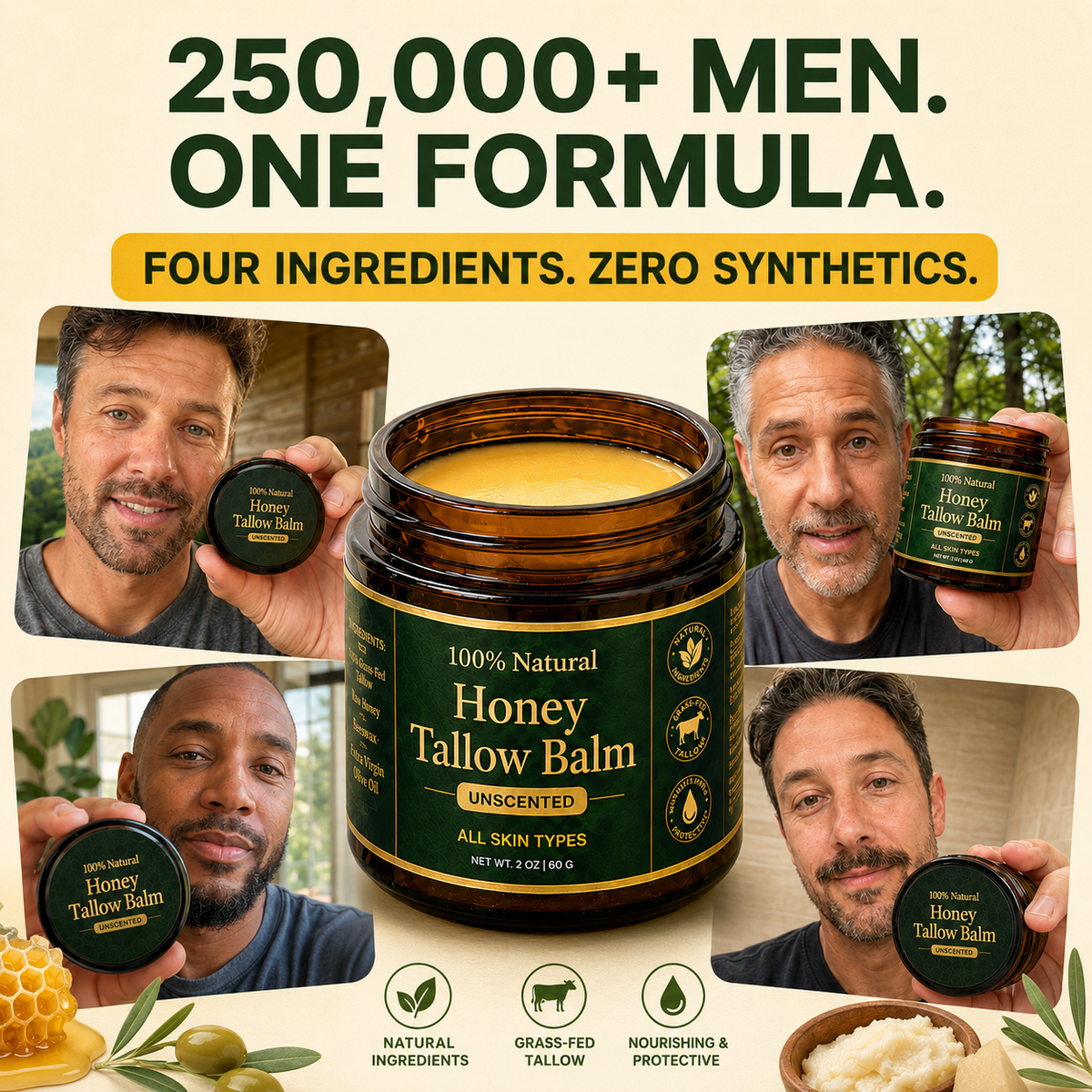 Honey Tallow Balm for Men. One Product. Better Skin in 30 Seconds. No Routine Needed.
