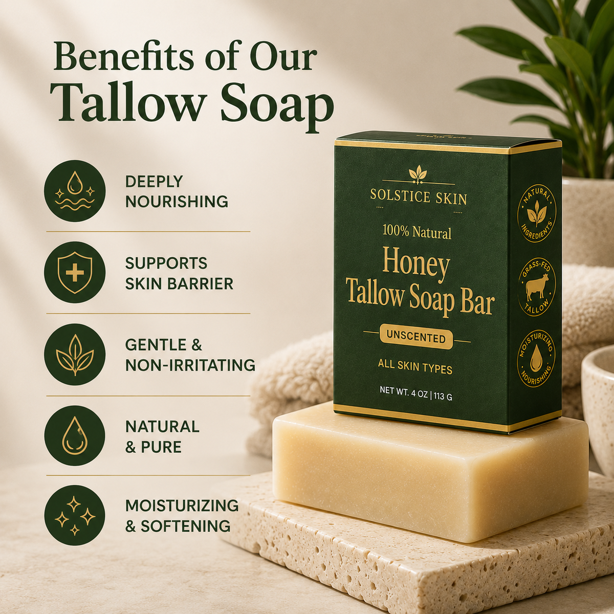 Organic Grass-Fed Tallow Soap Bar (Unscented)