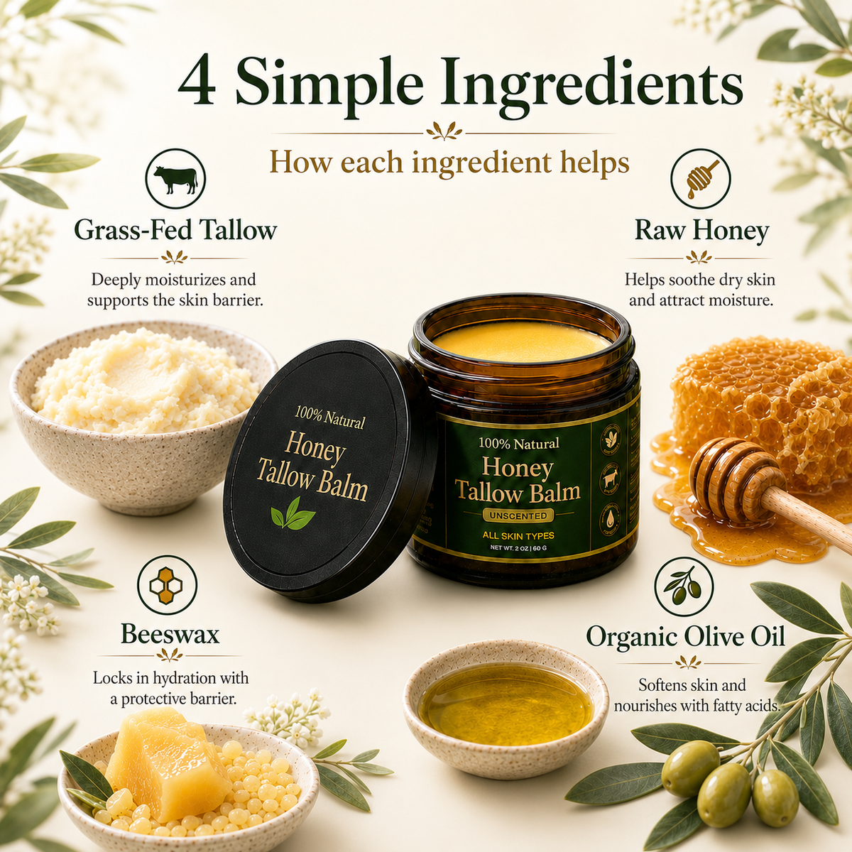 Organic Grass-Fed Tallow Balm with Raw Honey (Unscented)