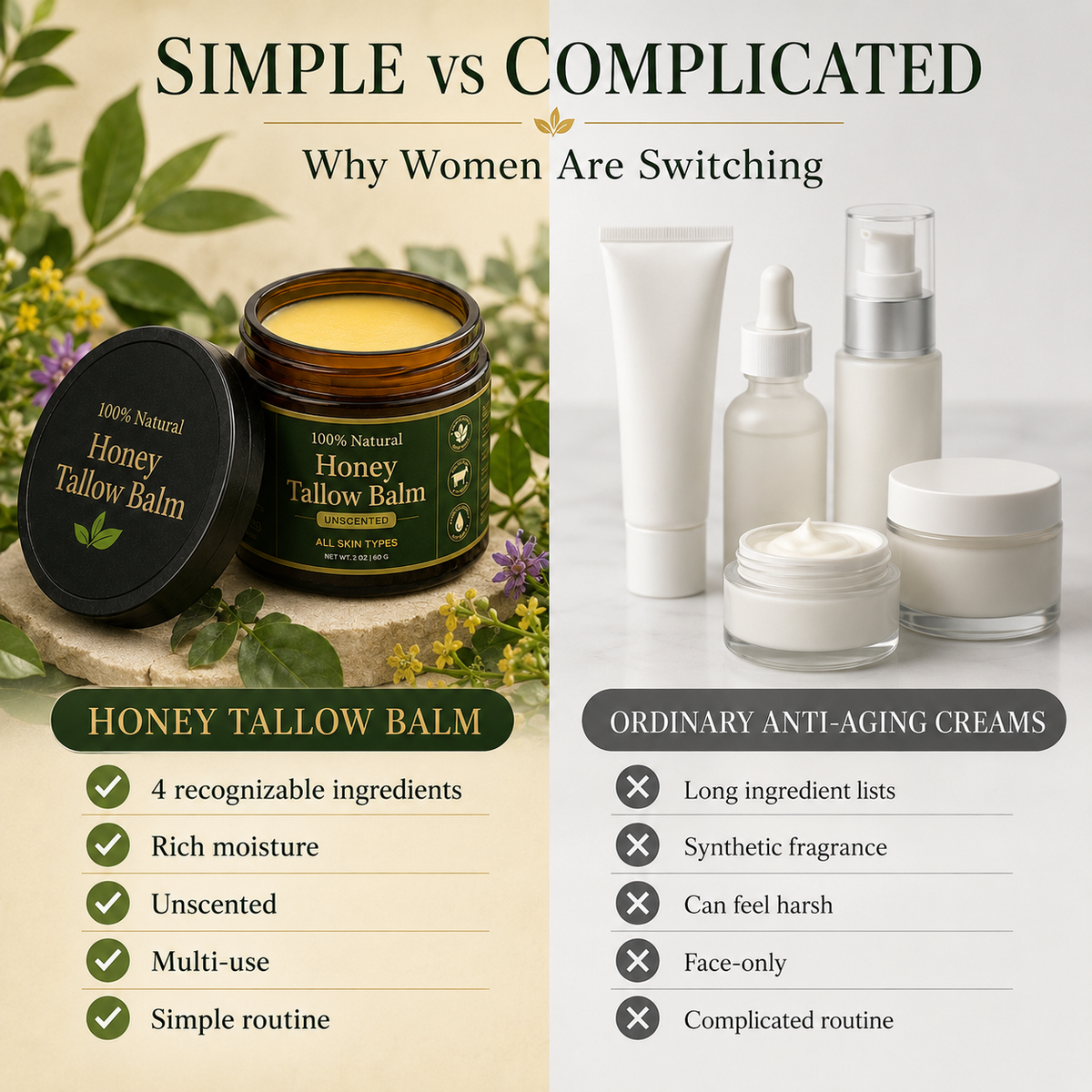 Organic Grass-Fed Tallow Balm with Raw Honey (Unscented)