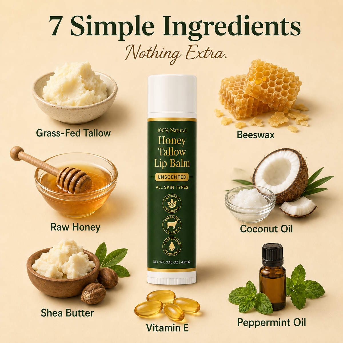 Organic Grass-Fed Tallow Lip Balm with Raw Honey (Unscented)