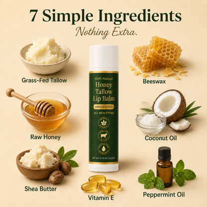 Organic Grass-Fed Tallow Lip Balm with Raw Honey (Unscented)