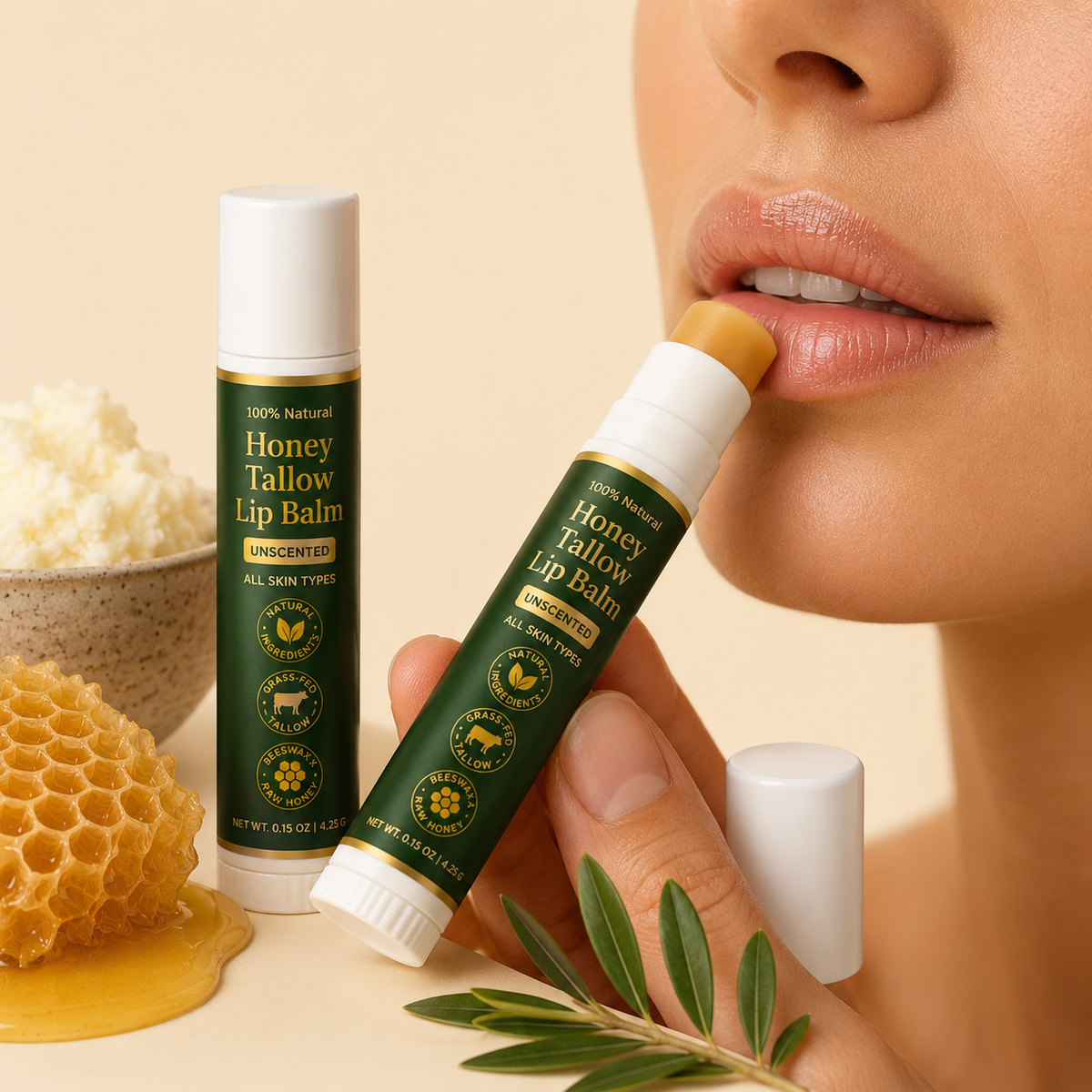 Organic Grass-Fed Tallow Lip Balm with Raw Honey (Unscented)