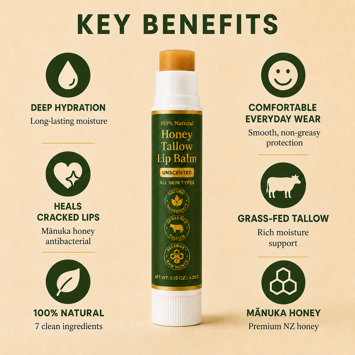 Organic Grass-Fed Tallow Lip Balm with Raw Honey (Unscented)
