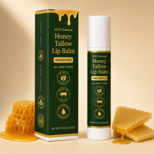 Organic Grass-Fed Tallow Lip Balm with Raw Honey (Unscented)