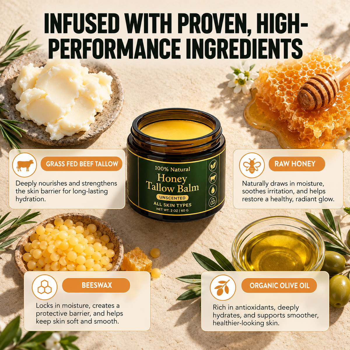 Organic Grass-Fed Tallow Balm with Raw Honey (unscented)