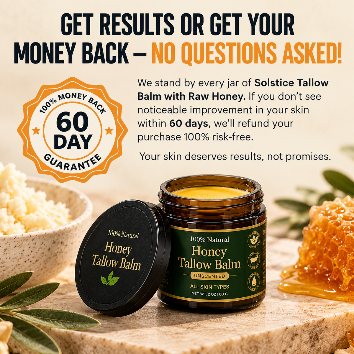 Organic Grass-Fed Tallow Balm with Raw Honey (unscented)