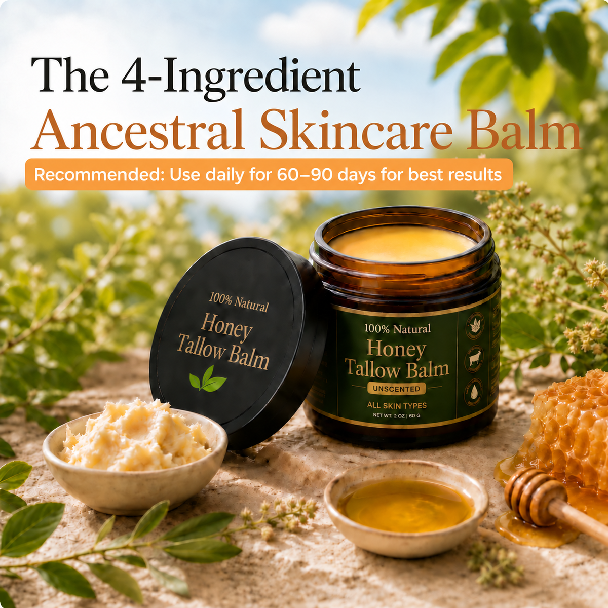 Organic Grass-Fed Tallow Balm with Raw Honey (unscented)